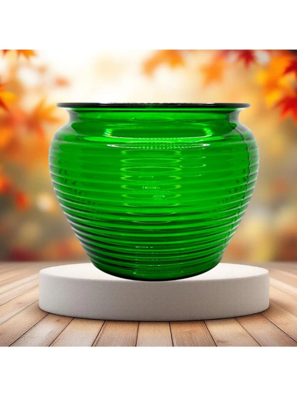 National Potteries Vintage Green Ribbed Glass Vase 7" Decorative Accent